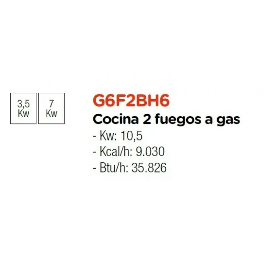 Cocina Sobre Encimera a Gas 2 Fuegos fondo 60 cm G6F2BH6. Romagsa