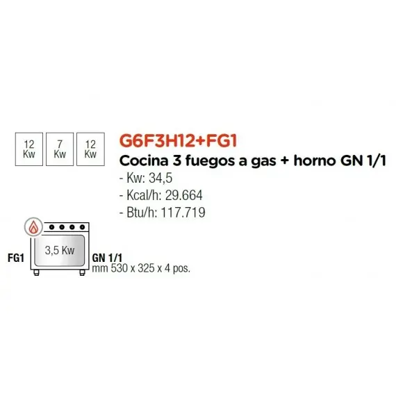 Cocina a Gas 3 Fuegos+Horno Fondo 60 cm G6F3BH12+FG1. Romagsa