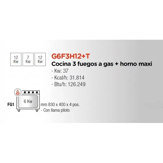 Cocina a Gas 3 Fuegos+Horno Fondo 60 cm G6F3BH12+Horno Maxi. Romagsa