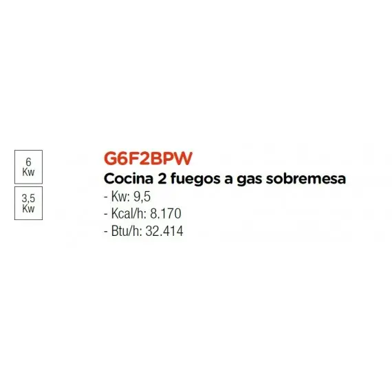Cocina Sobre Encimera a Gas 2 Fuegos fondo 60 cm G6F2BPW. Romagsa