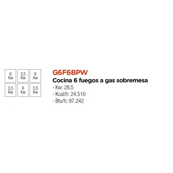 Cocina Sobre Encimera a Gas 6 Fuegos Fondo 60 cm G6F6BPW. Romagsa