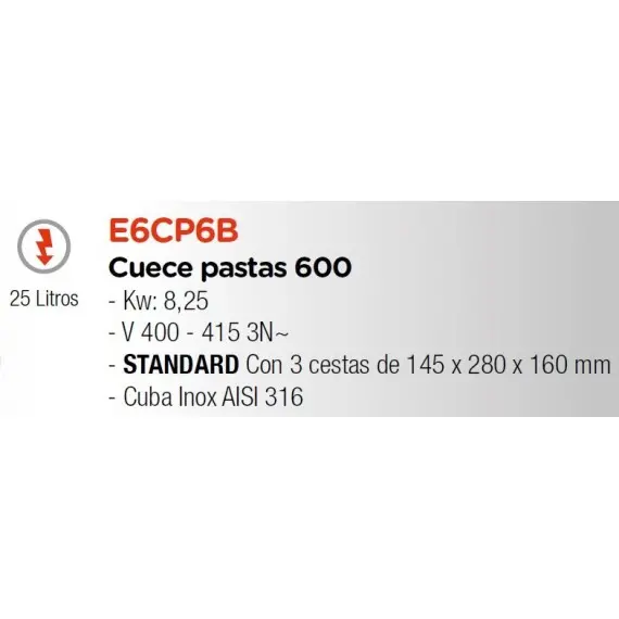 Cuece Pasta Sobremesa 600 Eléctrico E6CP6B. Romagsa