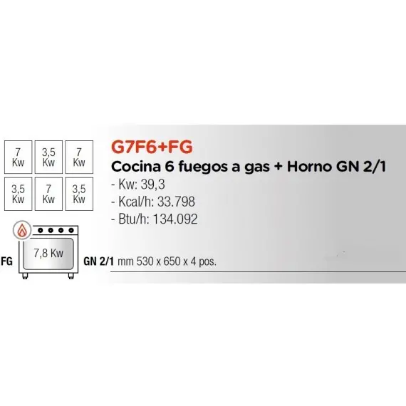 Cocina a Gas 6 Fuegos con Horno GN 2/1 High Power G7F6+FG. Romagsa