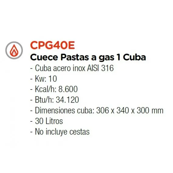 Cuece Pasta a Gas con Mueble de 1 Cuba de 30 Litros CPG40E. Romagsa