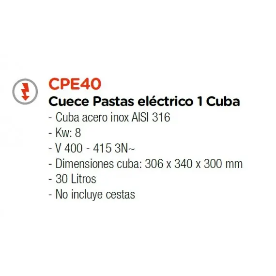 Cuece Pasta Eléctrico con Mueble de 1 Cuba de 30 Litros CPE40. Romagsa