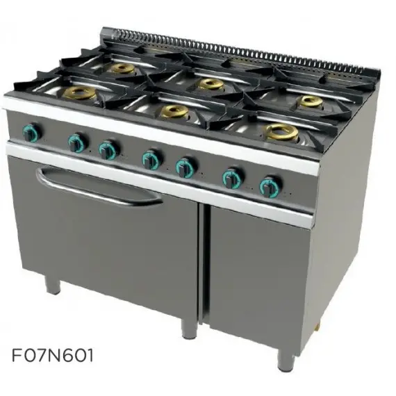 Cocina a Gas de 6 Fuegos con Horno, Doble Corona con Llama Piloto Fondo 700. FO7N601