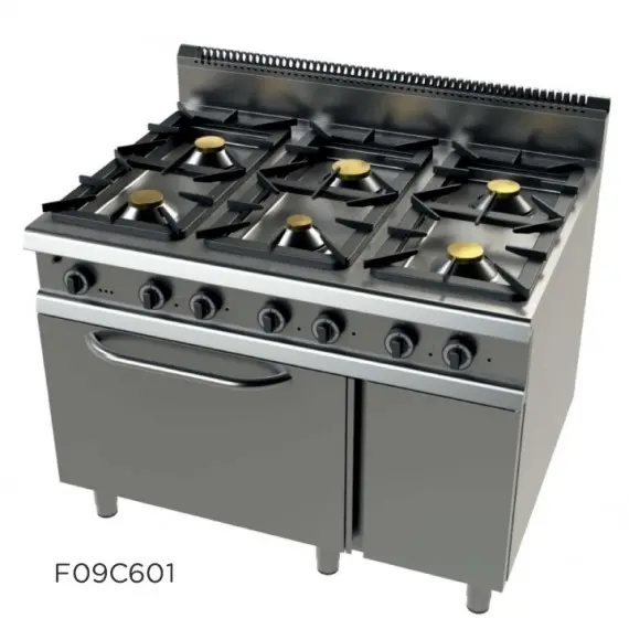 Cocina a Gas de 6 Fuegos con Horno, Simple Corona con Llama Piloto Fondo 900. FO9C601
