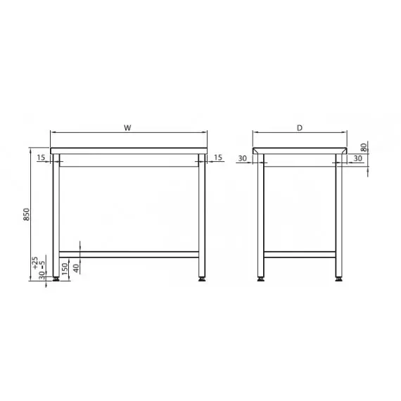 Mesa Central de 1000x600x850 mm con Estante de Acero Inoxidable Fondo 600. MC106