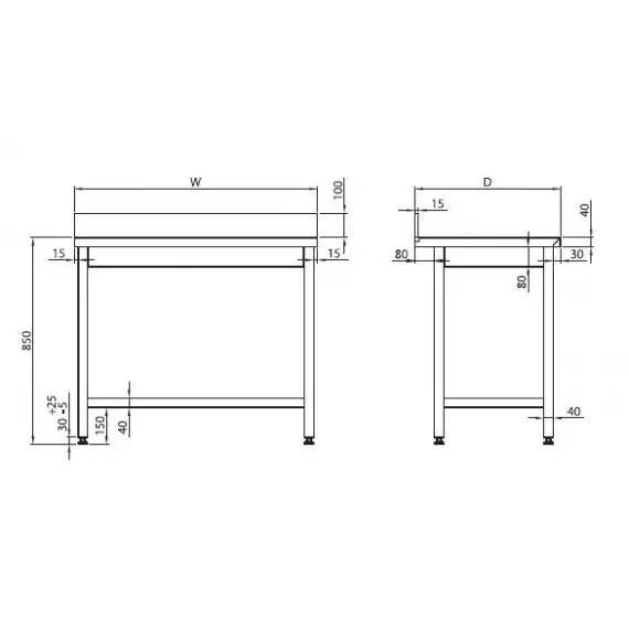 Mesa Mural 1000 mm de Largo con Estante de Acero Inoxidable Fondo 700. MM107
