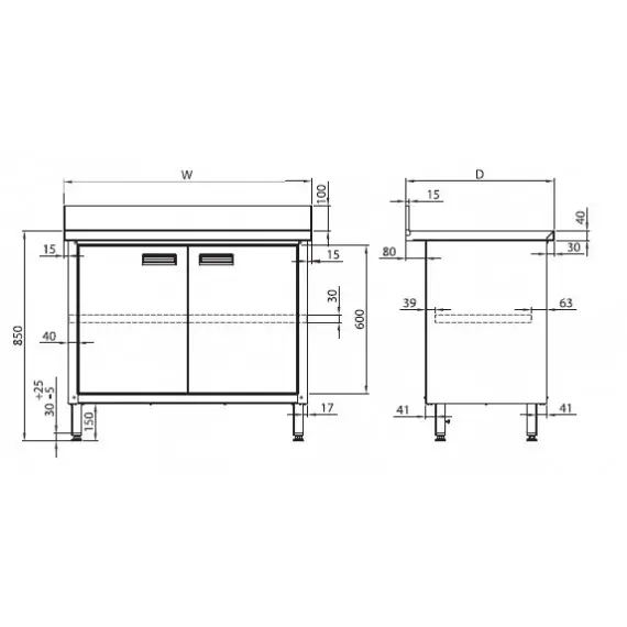 Mesa Mural 1200x600x850 mm con Puertas Batientes de Acero Inoxidable Fondo 600. MMPB126