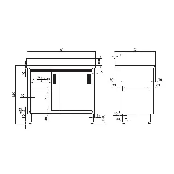 Mesa Mural 1400x600x850 mm con Puertas Correderas de Acero Inoxidable Fondo 600. MMPC146