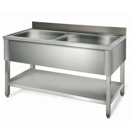 Fregadero 1200x600x850 mm Fondo 600 mm Con 2 Cubetas y Estante Sin Escurridor. F1262E