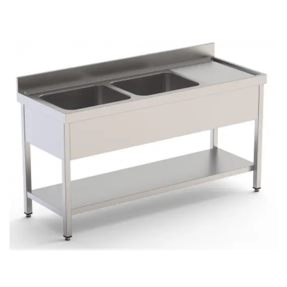 Fregadero 1800x600x850 mm Fondo 600 mm Con 2 Cubetas, Escurridor Derecho y Estante. F186D2E