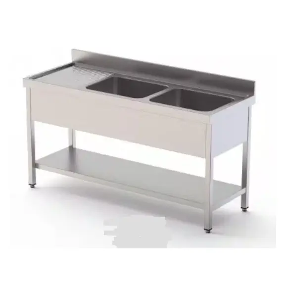 Fregadero 1400x600x850 mm Fondo 600 mm Con 2 Cubetas, Escurridor Izquierdo y Estante. F146I2E